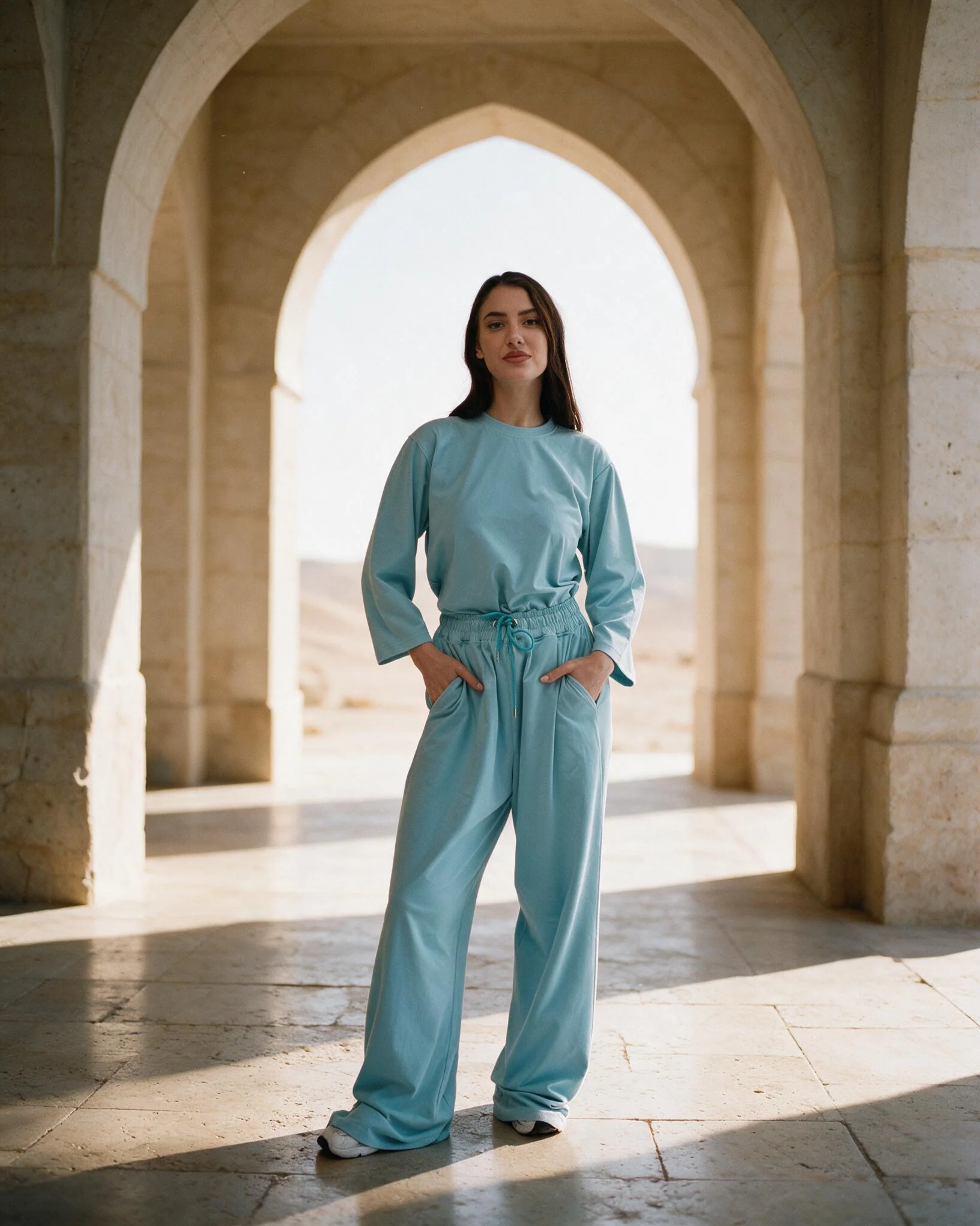 Woman in a light blue matching co-ord set standing under a stone arch
