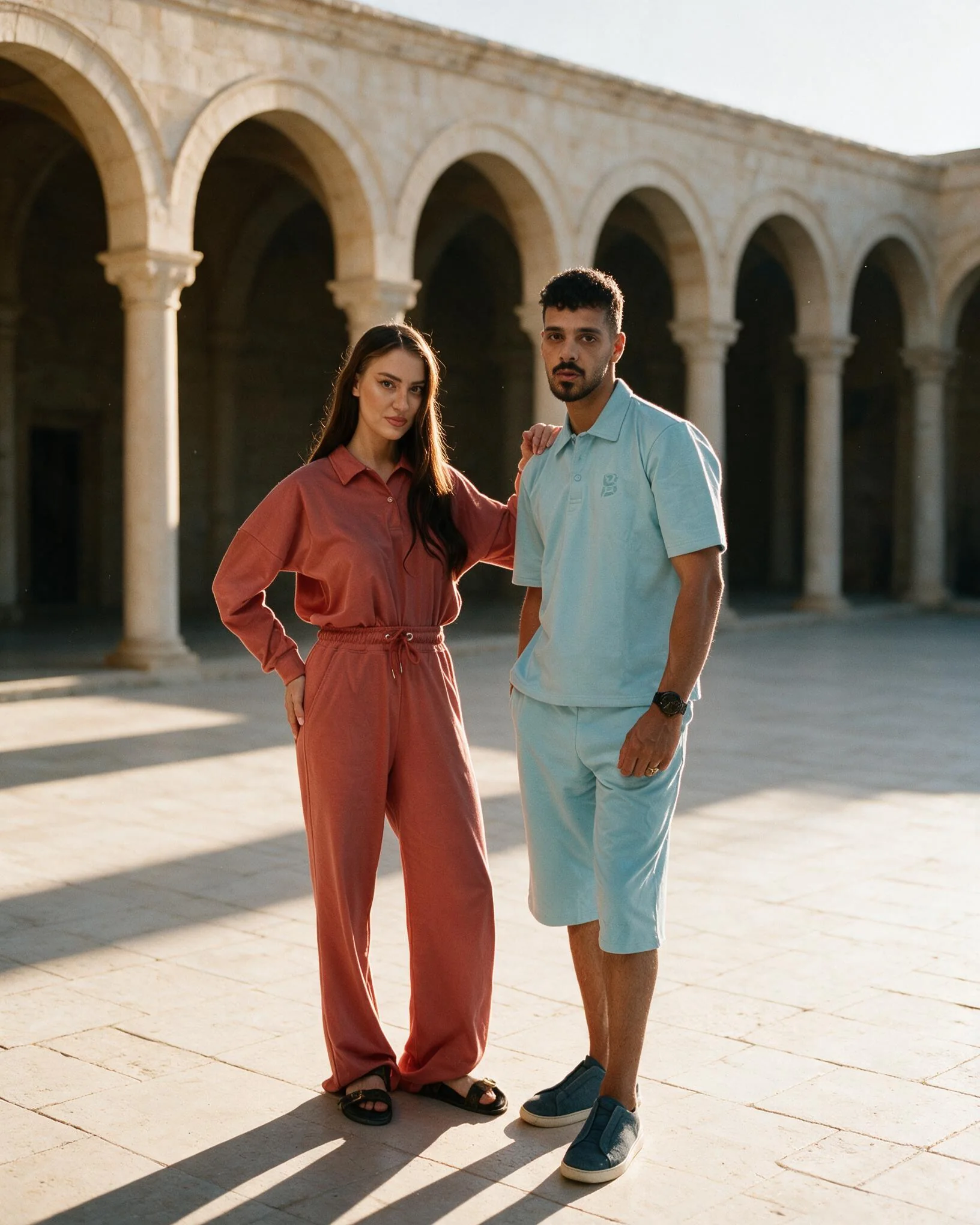 Woman in a terracotta modest set and man in a light blue polo with below-the-knee shorts under stone arches