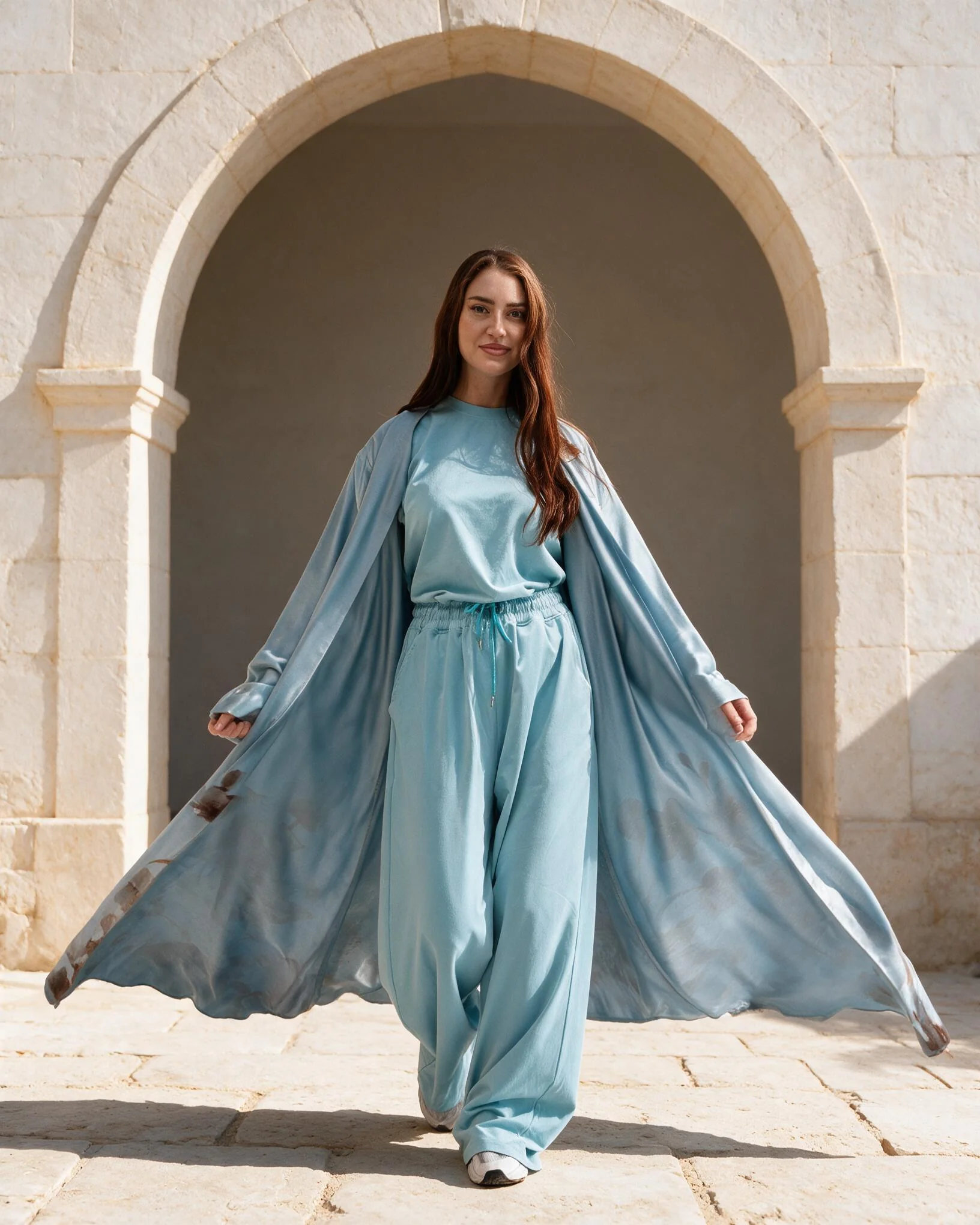 Woman in a light blue set and long flowing printed abaya under a stone archway