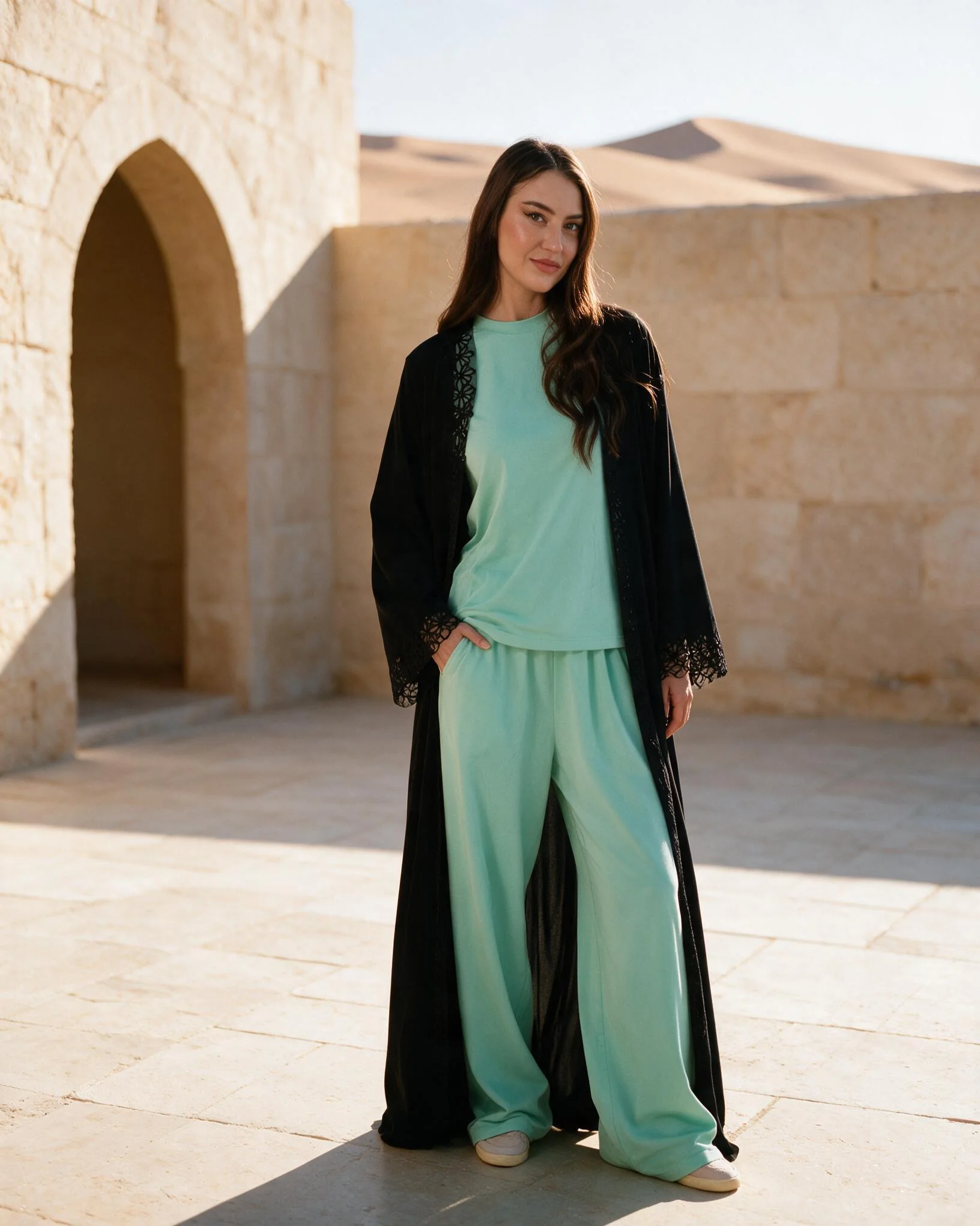 Woman in a mint modest set with an open black abaya under stone arches