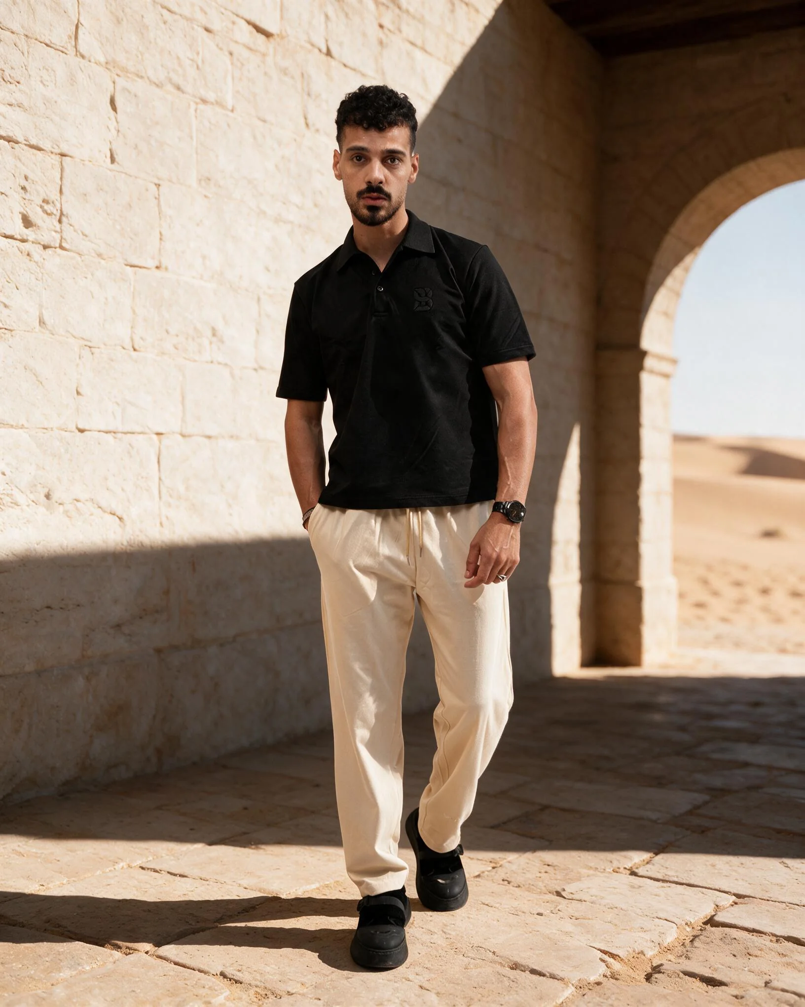 Man in a black polo and cream tailored trousers under stone arches